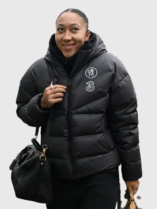 Chelsea FC 2025 Women’s Champions League–inspired black jacket featuring padded insulation and hood