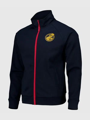 Navy Chelsea FC 2026 Pensioners track jacket featuring heritage-inspired detailing and ribbed collar and cuffs