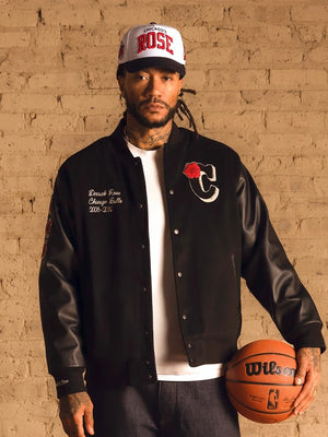 RECREATED Derrick Rose Chicago Bulls black retirement letterman jacket with full-snap front and classic varsity styling
