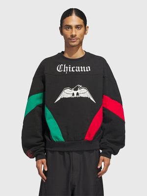 Recreation of the 2025 Chicano Adidas x Willy Chavarria women’s black sweatshirt crafted with a roomy, comfortable fit