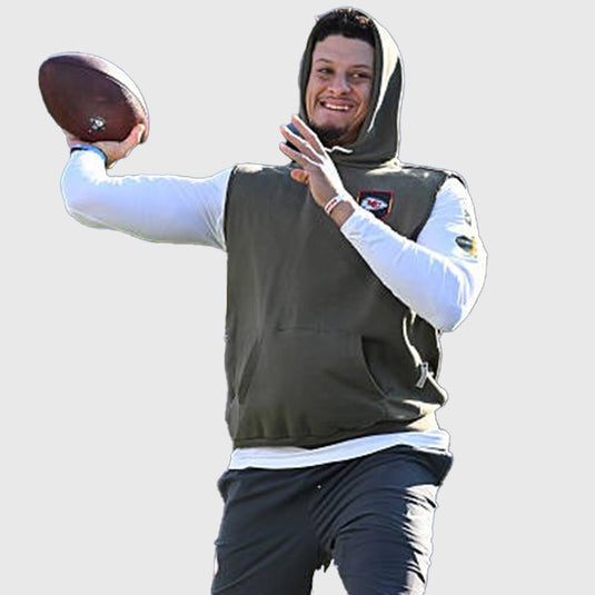 Patrick Mahomes Kansas City Chiefs 2025 Salute to Service Sleeveless Hoodie in military-inspired olive design.