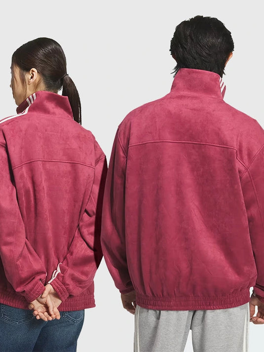 Burgundy Tang-style suede leather jacket inspired by Adidas Chinese New Year 2026 collection
