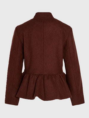 Recreated Adidas women’s peplum jacket in brown from the 2026 Chinese New Year collection with full-zip closure and refined silhouette.