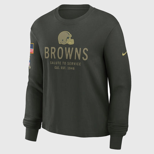 Cleveland Browns Nike Dark Green 2025 Salute to Service Long Sleeve T-Shirt with tribute design.