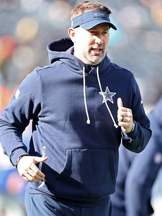 Nike Dallas Cowboys 2025 Sideline Club pullover hoodie in navy worn by Coach Brian Schottenheimer