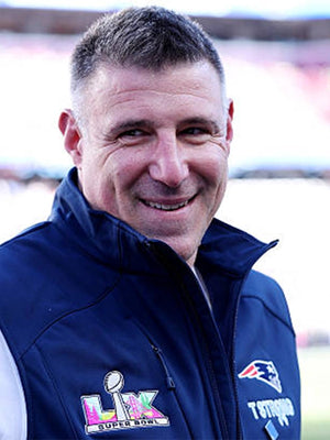 Recreated Super Bowl 60 Patriots sideline vest featuring M Vrabel T Strong chest graphic in deep navy fleece for fan wear