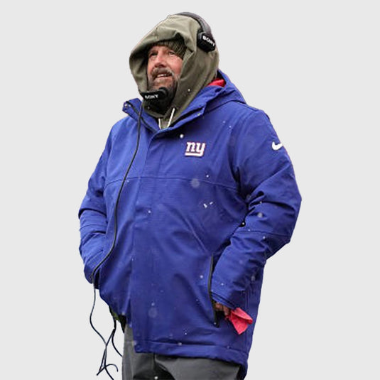 New York Giants 2025 hooded puffer jacket in blue inspired by Brian Daboll’s signature sideline outerwear.