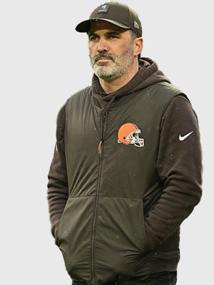 Cleveland Browns black parachute puffer vest inspired by Kevin Stefanski recreated with modern athletic styling
