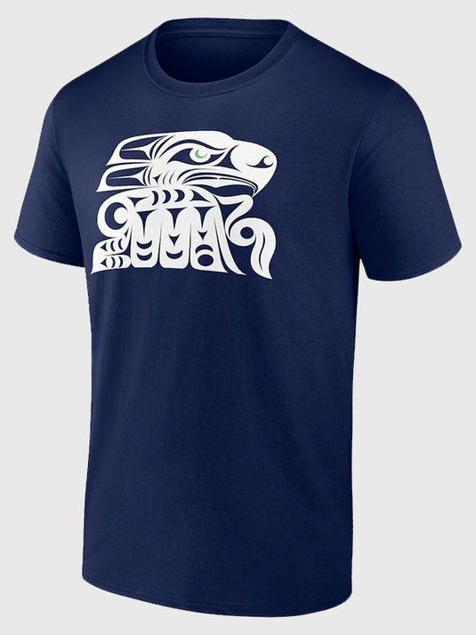 Navy crewneck t-shirt recreated in Seattle Seahawks College Muckleshoot Tribe inspired design