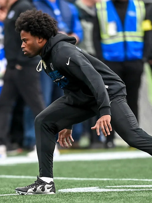 Black Nike sideline hoodie from the Indianapolis Colts 2025 Inspire Change collection with bold message typography