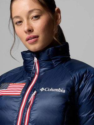 Columbia Milano Cortina 2026 Winter Olympics puffer jacket in navy with insulated design and clean silhouette