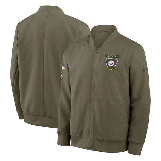 Pittsburgh Steelers Nike 2025 olive green Salute to Service Sideline bomber jacket featuring a sleek full-zip front and soft lining.