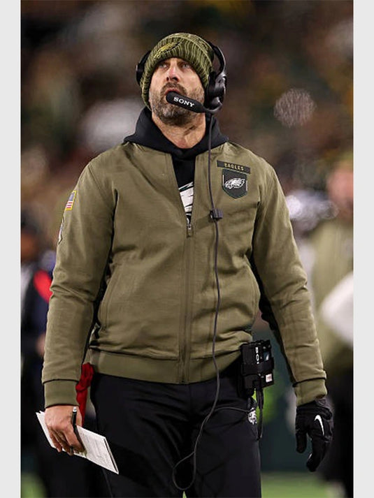 Nick Sirianni Philadelphia Eagles 2025 olive green cotton bomber jacket from the Salute to Service collection.