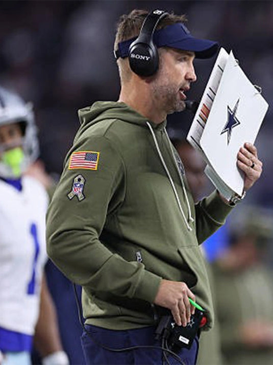 Dallas Cowboys 2025 Olive Green Hoodie inspired by Brian Schottenheimer’s Salute to Service sideline wear.