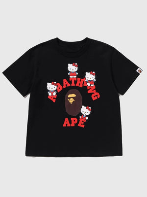 Recreated A Bathing Ape Hello Kitty 2026 College T-shirt in black with collegiate-inspired graphic print and classic crewneck design