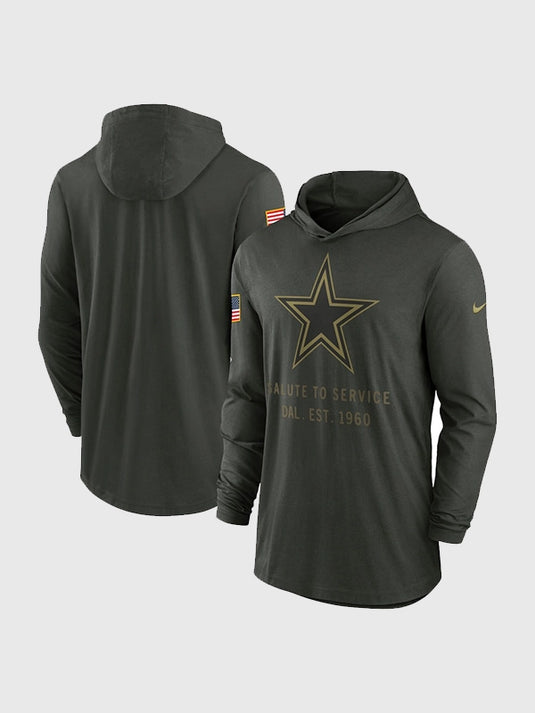 Forest green Nike Dallas Cowboys 2025 Salute to Service pullover hoodie designed for everyday athletic wear and style.