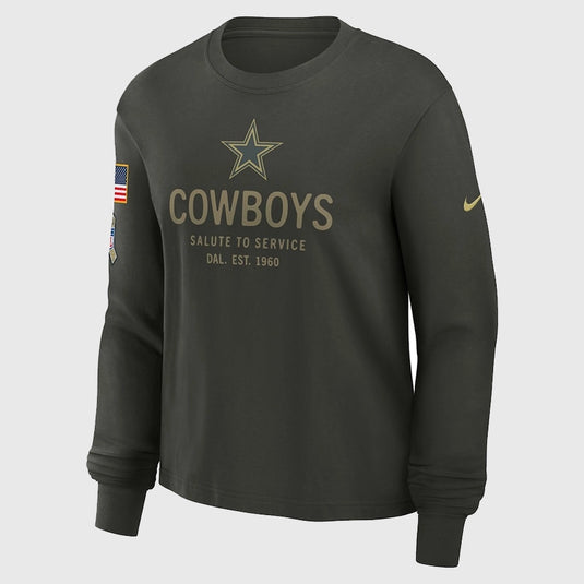 Nike Cowboys 2025 Sideline Long Sleeve Shirt in dark green featuring military-inspired design.