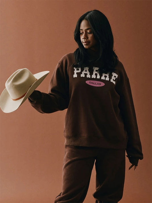 Recreated Parke Dallas Signature Mockneck Fleece Sweatshirt in brown featuring refined embroidered detailing.