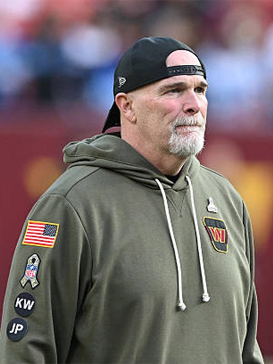 Coach Dan Quinn’s official Washington Commanders 2025 Olive Green Fleece Hoodie from the Salute to Service edition.