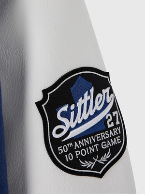 OVO Toronto Maple Leafs inspired varsity jacket recreated with blue wool fabric and contrasting leather sleeves