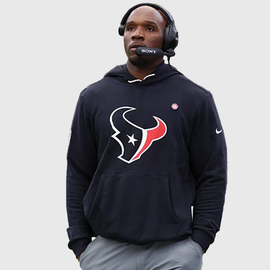 Recreated Houston Texans sideline hoodie in black featuring coach-style silhouette and everyday comfort