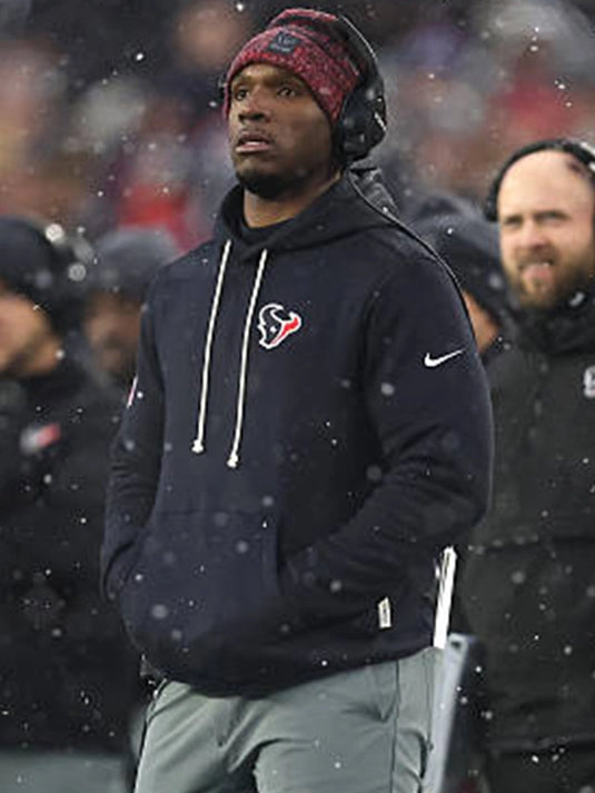 DeMeco Ryans Houston Texans 2025 Nike sideline club pullover hoodie in navy with composed, coach-core presence