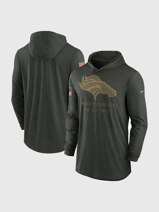 Nike Denver Broncos 2025 Salute to Service forest green hooded pullover T-shirt crafted from lightweight Dri-FIT fabric for performance.