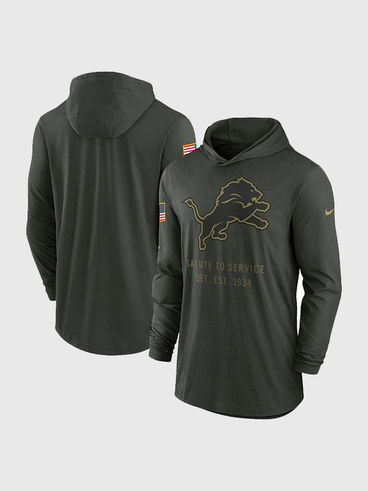 Nike Detroit Lions 2025 Salute to Service forest green hooded pullover T-shirt crafted with lightweight Dri-FIT fabric for comfort.