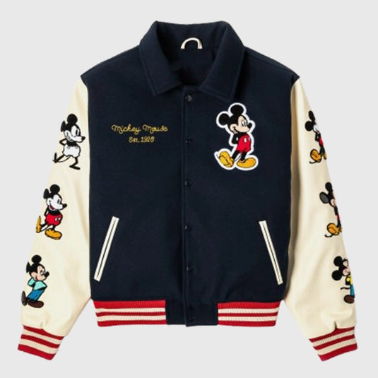 Disney Mickey and Friends varsity jacket in navy and tan featuring Mickey icon design.