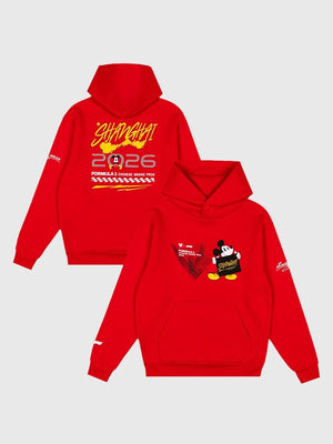 Recreated unisex Formula 1 x Disney 2026 Chinese Grand Prix red fleece pullover hoodie with bold graphic detailing