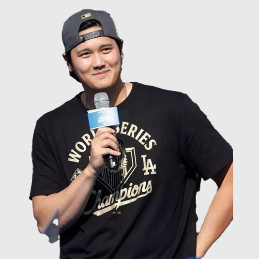 Recreation Shohei Ohtani 2025 Dodgers World Series Celebration Black T-Shirt featuring championship-inspired graphics.