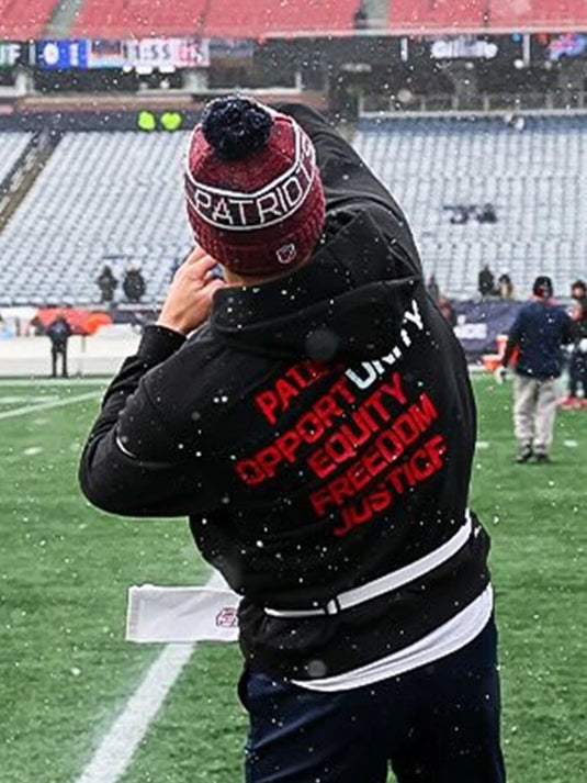 Drake Maye–inspired Patriots Inspire Change 2025 black hoodie showcasing impactful social justice lettering