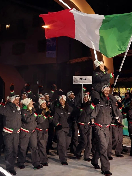 Charcoal grey bomber jacket recreated for the Milano Cortina 2026 Opening Ceremony, featuring premium wool fabric and classic EA7 Emporio Armani aesthetics.