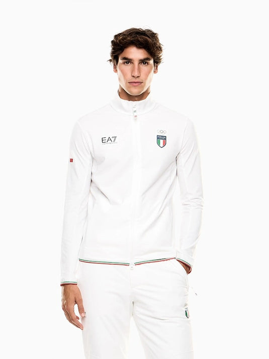 White EA7 Emporio Armani powerstretch jacket reflecting Team Italy sportswear aesthetics and modern active comfort