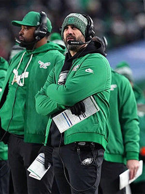 2025 Eagles sideline bomber jacket in Kelly Green combining athletic design and casual wearability