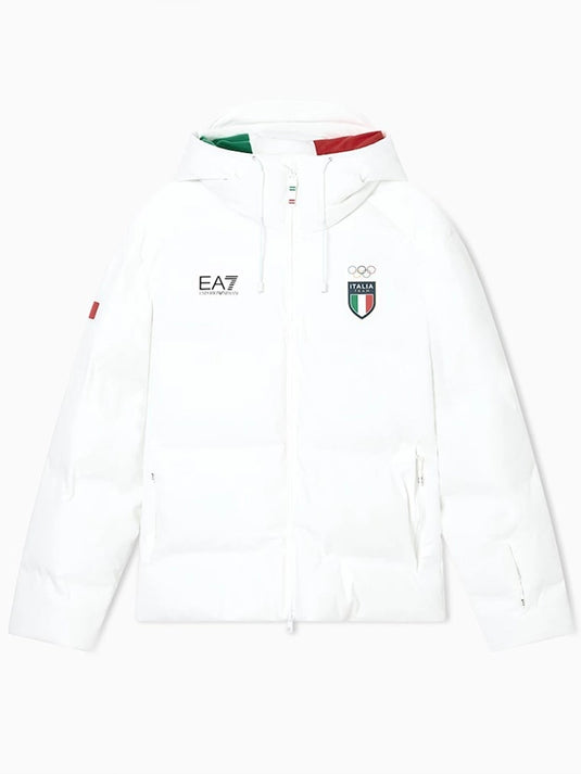EA7 Emporio Armani Team Italy white parachute puffer jacket with hooded design for warmth and winter mobility