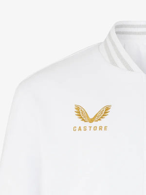 Recreated unisex England Rugby collaboration bomber jacket in white with lightweight lining and modern streetwear appeal