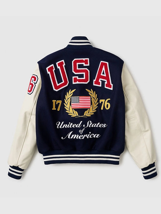 Navy RECREATED Fanatics USA 250th Anniversary iconic varsity jacket featuring full-snap closure and leather sleeves