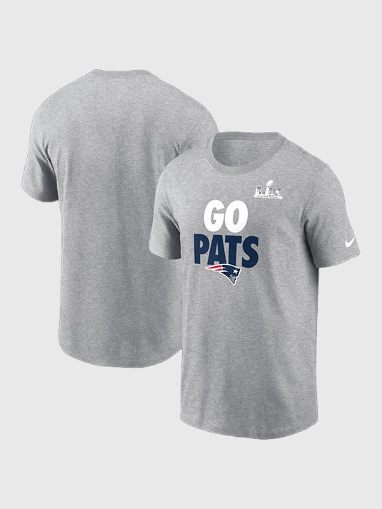 Heather grey Nike t-shirt featuring New England Patriots Super Bowl LX Go Pats Fast As Fast Gets graphic
