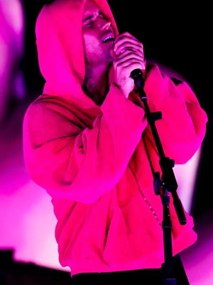 Recreated pink Justin Bieber Coachella fur hoodie with relaxed silhouette and premium soft-touch finish