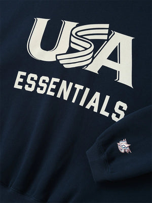 RECREATED Fear of God Essentials 2026 USA Baseball Navy Sport Fleece Pullover Hoodie offering comfortable fleece warmth with a contemporary sportswear look