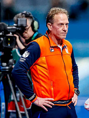 Orange and navy Team Netherlands varsity jacket inspired by Coach Rintje Ritsma Milano Cortina 2026, wool blend body and contrast sleeves