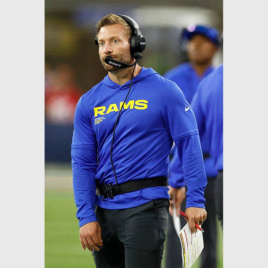 Sean McVay LA Rams 2025 performance hoodie t-shirt in blue featuring durable construction.