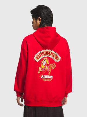 RECREATED Adidas SS26 Lunar New Year hoodie designed in black with red colorway and warm fleece texture
