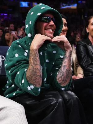 Recreated green polka dot hoodie inspired by Justin Bieber’s Lakers appearance with kangaroo pocket and comfortable lining