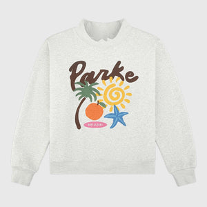 Grey Parke Miami fleece sweatshirt with mockneck collar and striking graphic design.