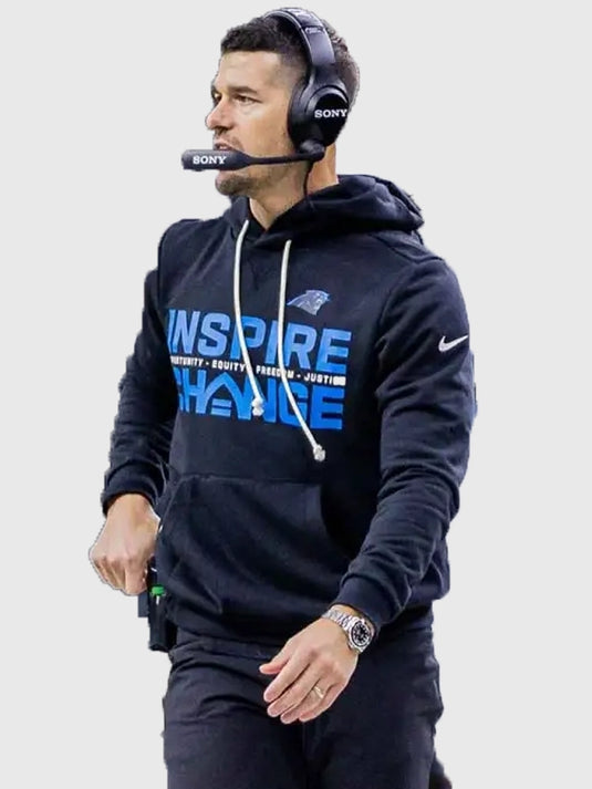 Black Carolina Panthers Nike sideline pullover hoodie from the 2025 Inspire Change lineup with impactful messaging