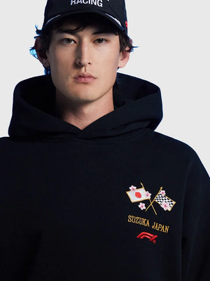 RECREATED Suzuka Sakura hoodie by Formula 1 x Pacsun in black fleece, featuring pullover style, relaxed silhouette, and clean motorsport aesthetic