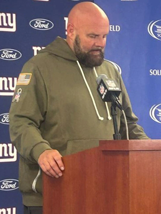 Coach Brian Daboll New York Giants Salute to Service 2025 olive green fleece hoodie with military-inspired graphics.