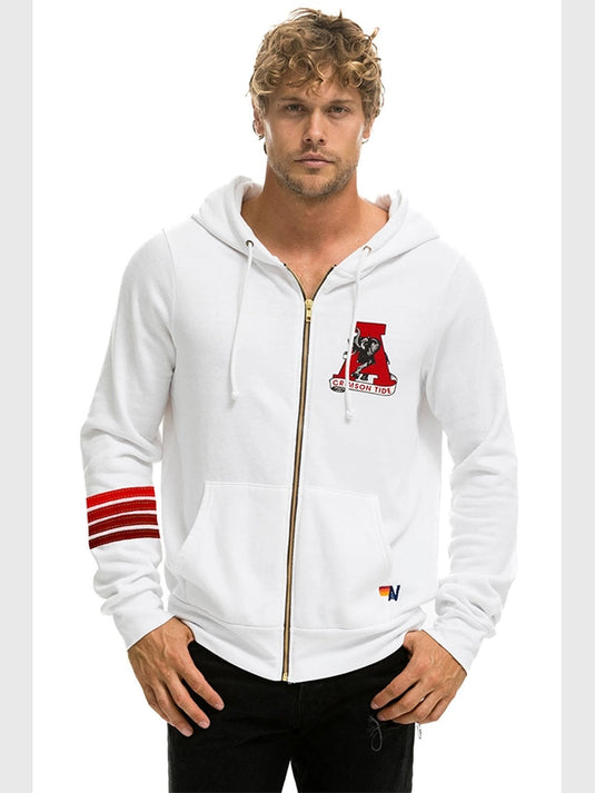 2025 University of Alabama Roll Tide zip hoodie by Aviator Nation in white with cozy fleece lining and full-zip closure.